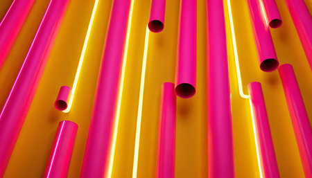 Colored drinking straws on yellow background. 3d illustration.の素材