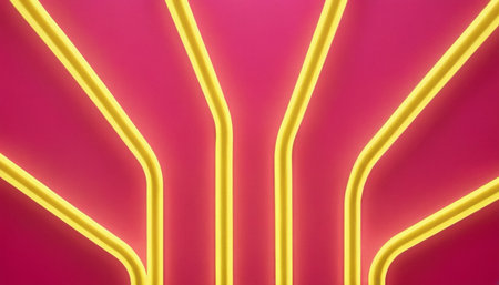 Abstract 3d rendering of yellow plastic tubes on pink background. Creative design concept.の素材