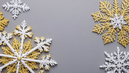 Snowflakes on a gray background. Christmas background. Flat lay, top view.の素材