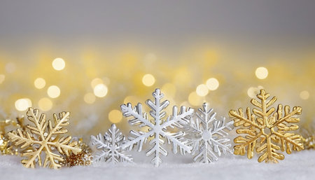Christmas background with snowflakes on snow and bokeh lightsの素材