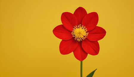 Red dahlia on yellow background with copy space for your textの素材
