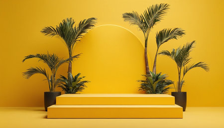 Yellow podium with palm leaves on yellow background. Minimal scene. 3d renderの素材