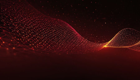 Abstract 3d rendering of red wave with particles. Futuristic background with flowing particlesの素材