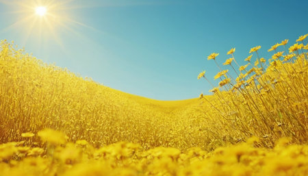 field of yellow flowers against the blue sky and sun. 3d renderingの素材