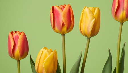Tulips on a green background with copy space for your textの素材