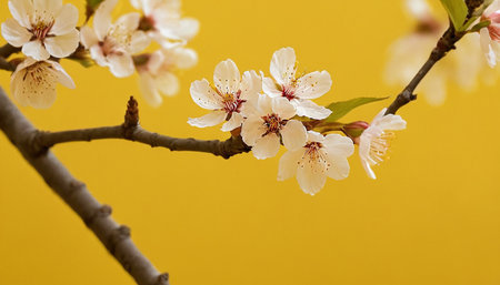 cherry blossom on a yellow background with copy space for textの素材