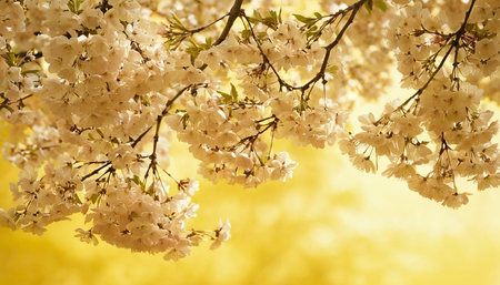 cherry blossom in spring time with yellow bokeh backgroundの素材