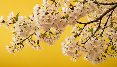 cherry blossom on yellow background, spring flowers, copy spaceの素材