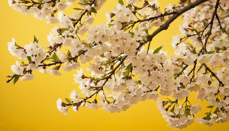 cherry blossom on a yellow background, cherry blossoms in springの素材