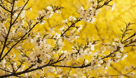 Beautiful cherry blossoms in spring, close-up on a yellow backgroundの素材