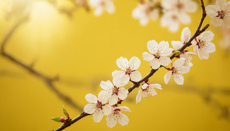 Apricot blossom in spring on yellow background with copy spaceの素材