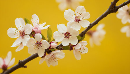 Branch of blossoming apricot tree on a yellow backgroundの素材