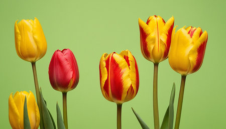Tulip flowers isolated on green background. Yellow and red tulipsの素材