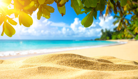 Tropical beach with palm trees and sand. Summer vacation backgroundの素材