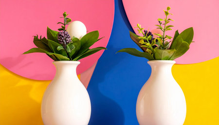 Easter eggs and spring flowers in white vases on colorful backgroundの素材