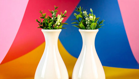 White vases with flowers on colorful background. Selective focus.の素材