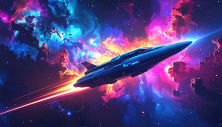 Futuristic spaceship in space. 3D rendering of space backgroundの素材