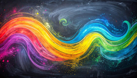 Colorful paint splashes on blackboard. Abstract colorful background.の素材