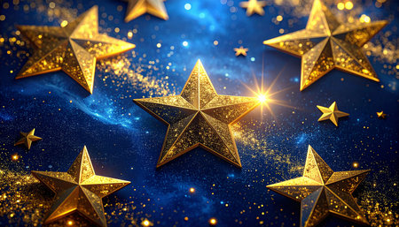 Golden Christmas stars on a blue background with sparkles. 3d renderingの素材