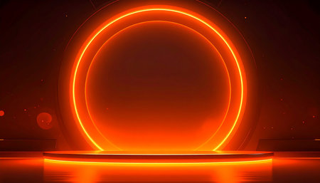 Abstract round podium illuminated with neon light. Mock up, 3D Renderingの素材