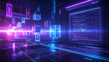 Futuristic cyberspace background with glowing neon cubes. 3D Renderingの素材