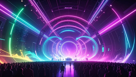 Concert crowd in front of a stage with neon lights. 3d renderingの素材