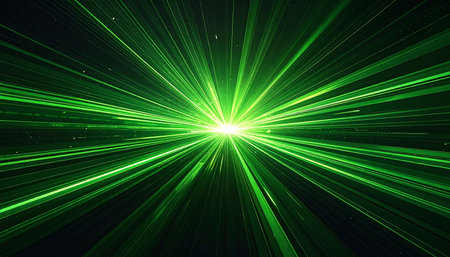 Green light rays on dark background. Rays in space. Abstract backgroundの素材