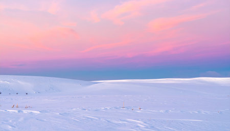 Beautiful winter landscape with snow covered field and pink sunset sky.の素材