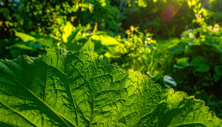 Green leaf of burdock plant with sunbeam in the garden.の素材