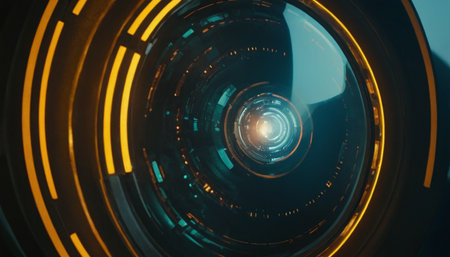 close up view of a camera lens with lens flare. 3d renderingの素材