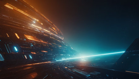 3d illustration of a futuristic city at night with neon lights in the backgroundの素材