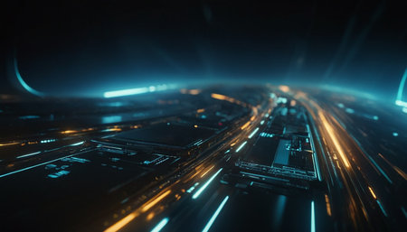 3d rendering of abstract technology concept. High speed road with glowing lightsの素材