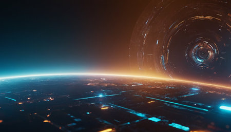 Futuristic space scene. Science fiction wallpaper. 3D renderingの素材