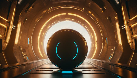 Futuristic tunnel with glowing lights. 3d rendering toned imageの素材