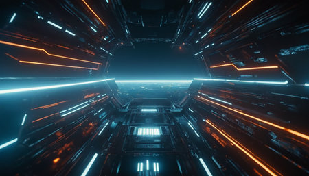 futuristic scifi tunnel corridor with nice reflections 3d rendering wallpaper backgroundの素材