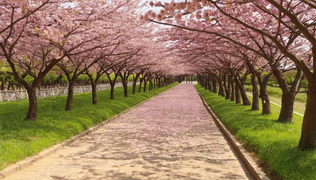 Cherry blossoms along the walkway in Tokyo, Japan.の素材