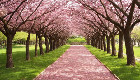 Cherry blossoms in full bloom along a path in the parkの素材