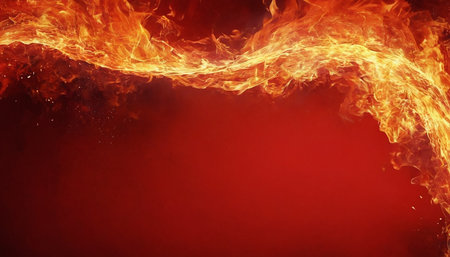 Burning fire on a red background. Design element. Place for text.の素材