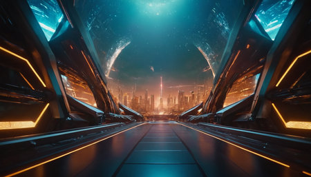 Futuristic spaceship interior with glowing lights. 3D Renderingの素材