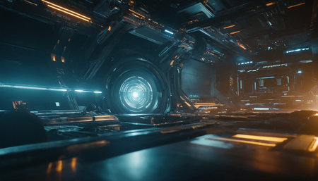 Futuristic spaceship interior with glowing lights. 3D Renderingの素材