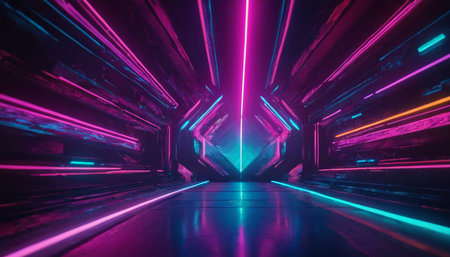 Futuristic tunnel corridor with glowing neon lights. 3d renderingの素材