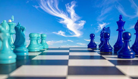 Chess board with blue chess pieces and clouds on blue sky backgroundの素材