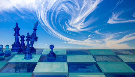 Chess board with blue chess pieces and blue sky with white cloudsの素材