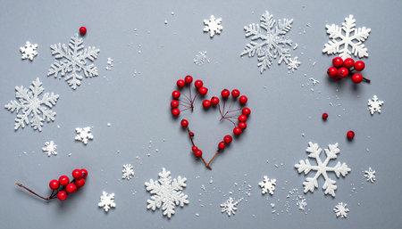 Christmas background with snowflakes and red berries on gray background.の素材