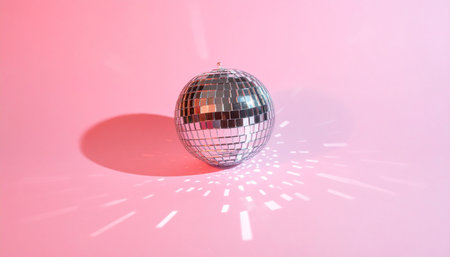 Disco ball on pink background with sunbeam and copy space.の素材