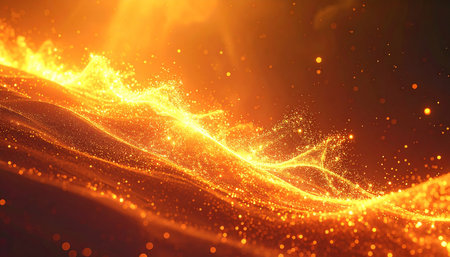 Abstract golden particles wave on dark background. 3D rendering of glowing particlesの素材