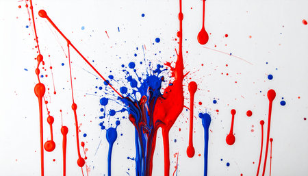 abstract splashes of red and blue paint on a white backgroundの素材