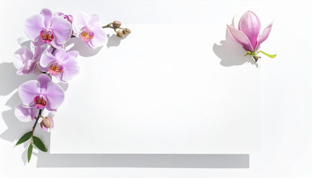 Beautiful pink orchid flowers on white background. Flat lay, top viewの素材