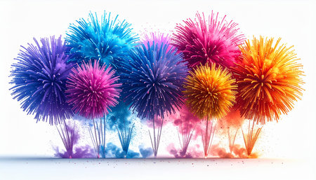 Colorful fireworks on a white background. 3d rendering, 3d illustration.の素材
