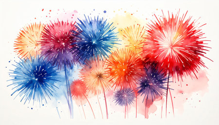 Colorful fireworks on white background. Watercolor painting. Vector illustration.の素材